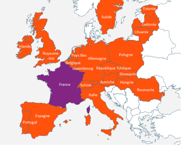 Les 20 pays européens qui pratiquent les échanges transfrontaliers avec la France..