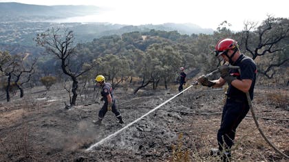 Des pompiers en intervention, le 27 juillet 2017 à Bormes-les-Mimosas (Var).