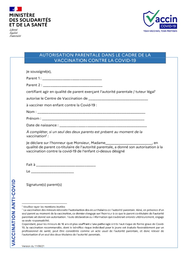 Vaccin Covid 19 Des Ados Telechargez L Autorisation Parentale Dossier Familial