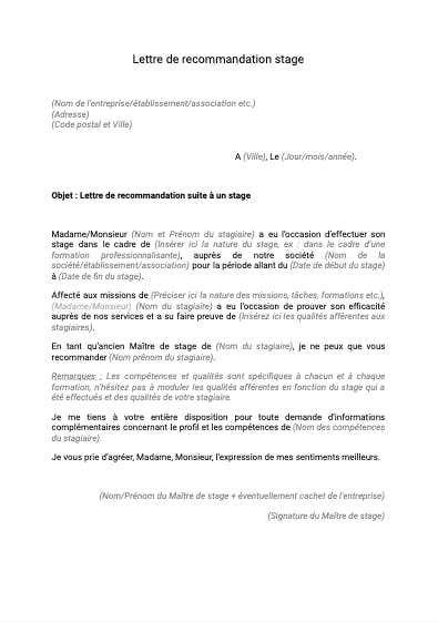 lettre de recommandation de stage dossier familial