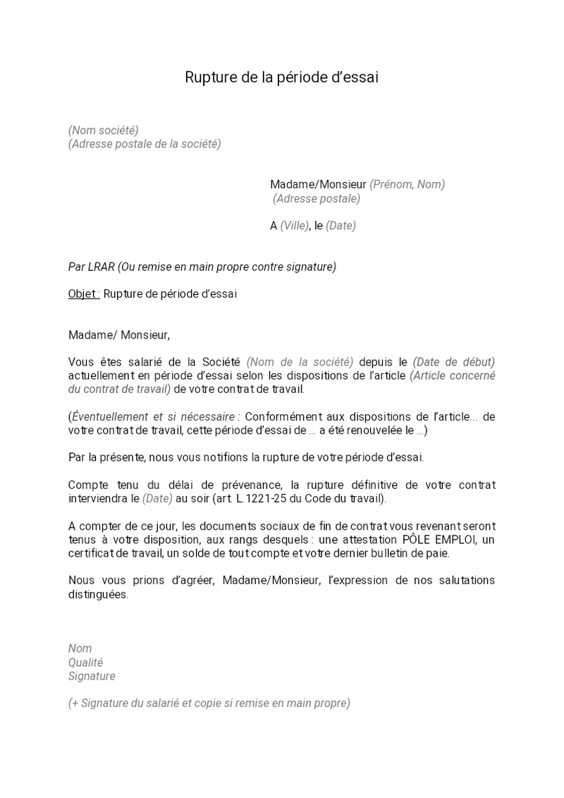lettre pour mettre fin à une période d essai