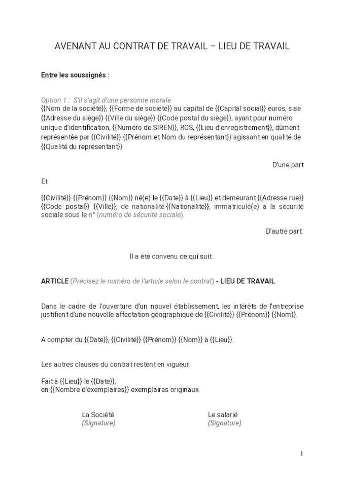 Avenant au contrat de travail lieu de travail Dossier Avenant au contrat de travail lieu de travail Dossier