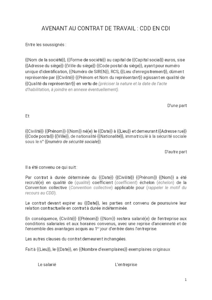 Avenant au contrat de travail CDD en CDI Dossier Familial Avenant au contrat de travail CDD en CDI Dossier Familial