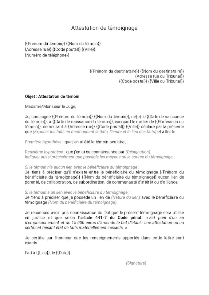 Attestation De Temoignage Dossier Familial Attestation De Temoignage Dossier Familial