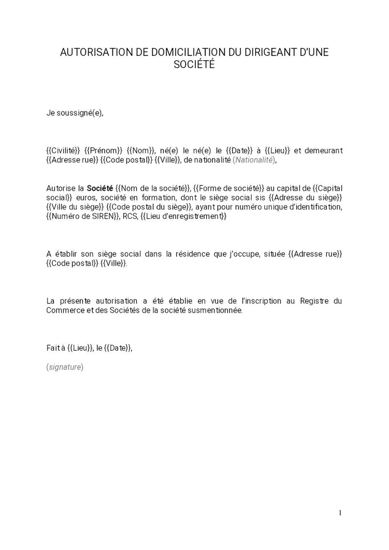 Lettre autorisation de domiciliation