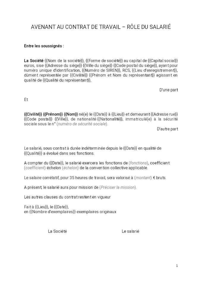 Avenant Au Contrat De Travail Role Du Salarie Dossier Familial Amendement Contrat De Travail