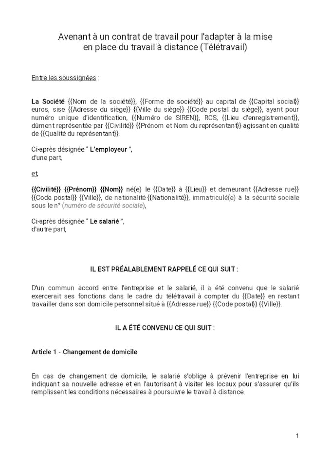 Avenant Passage Teletravail Dossier Familial Changement De Lieu De Travail Sans Avenant
