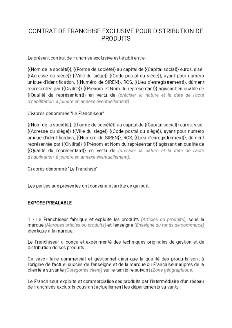 Contrat de franchise de distribution exclusive Dossier Familial