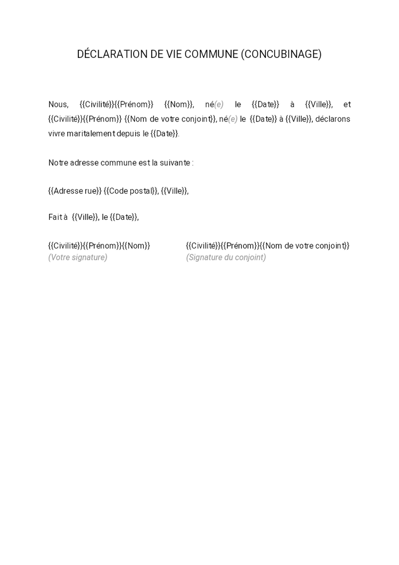Déclaration de vie commune Dossier Familial