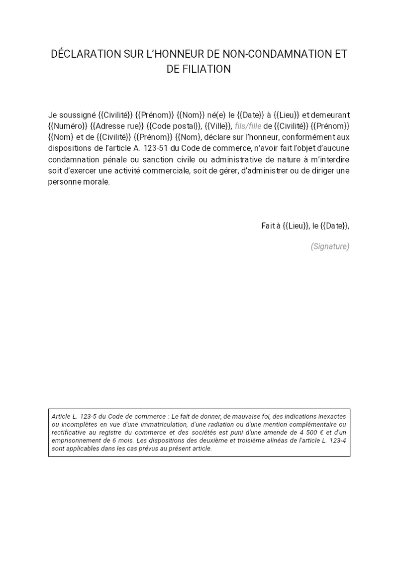 modele lettre attestation sur l honneur de non condamnation