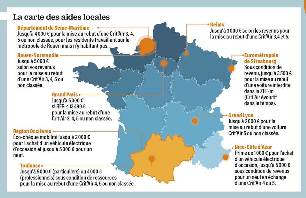 La carte des aides locales à destination des Français qui achètent une voiture électrique neuve